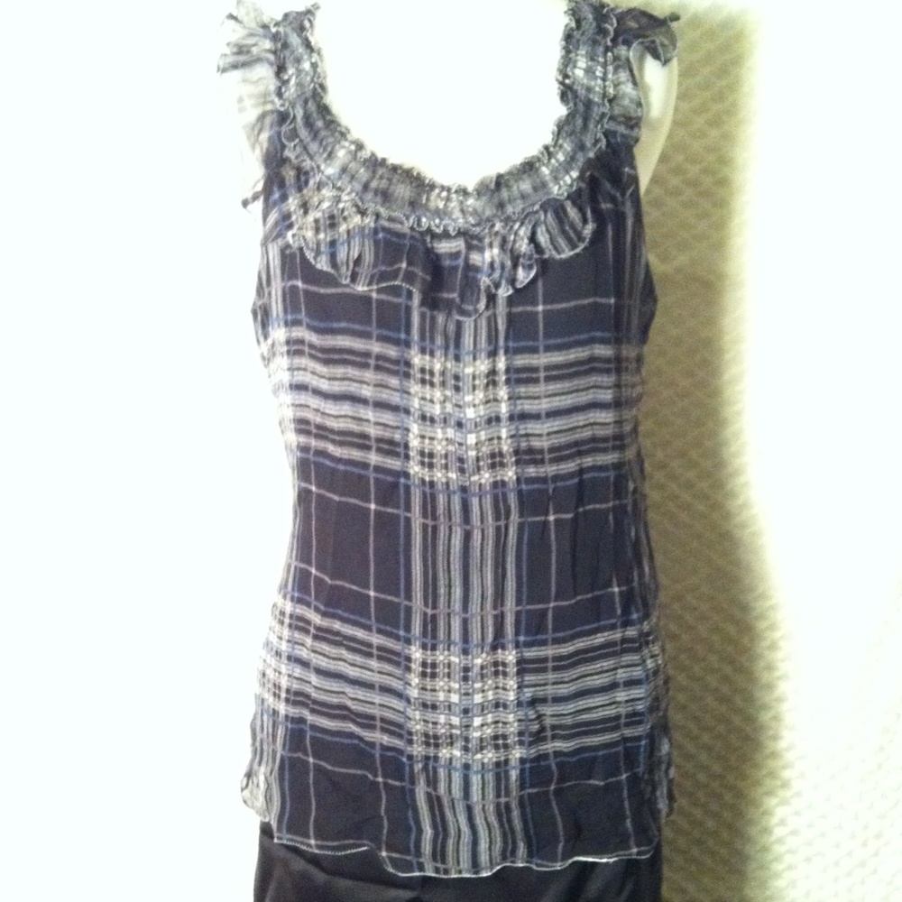 100% Silk Studio M Plaid Sleeveless Blouse